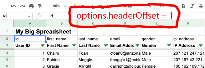 frozen rows with header offset